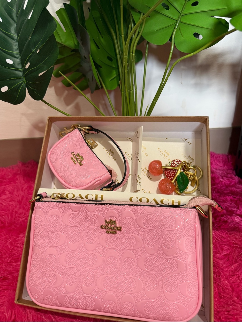 Coach Pink Signature Embossed Leather Crossbody Set with Charm
